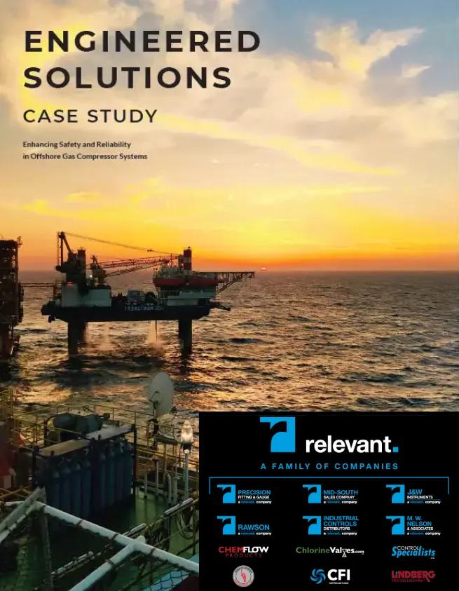 Illustration of enhancing safety and reliability in gas compressor systems, showcasing Relevant Solutions' case studies and engineered solutions for offshore platforms.