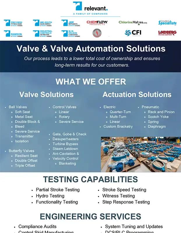 Valves and valve automation brochure for Louisiana by Relevant Solutions, featuring a regional overview of manual and automated valve solutions engineered for precision control and reliability in local industrial applications.